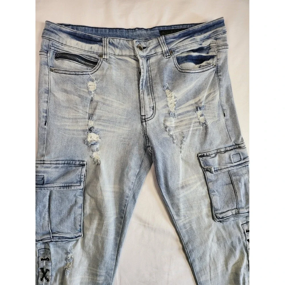 Y2K Rockstar Original Honor Mens Distressed Lace Up Cargo Jeans Light Blue 34